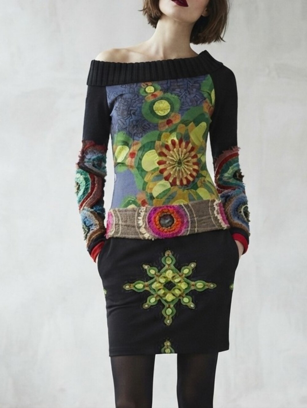 Desigual Mixed Media Long Sleeve Stretch Dress Sz M Artsy Art To Wear Grunge Y2K